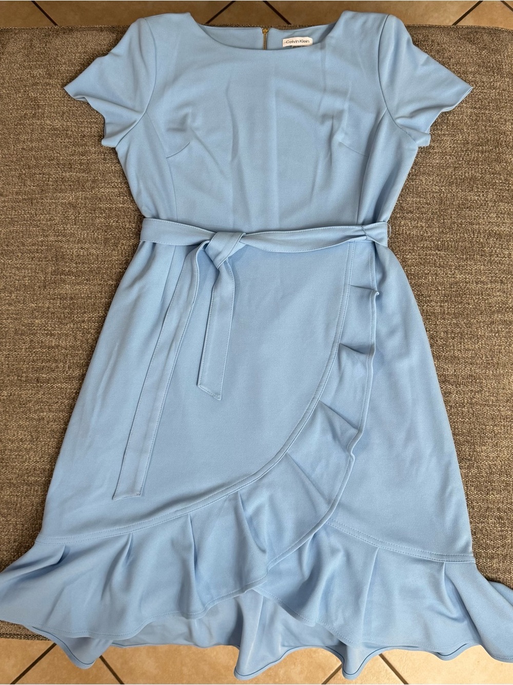 Calvin Klein Light Blue Wrap Midi Dress with Ruffle Hem - Picture 1 of 2